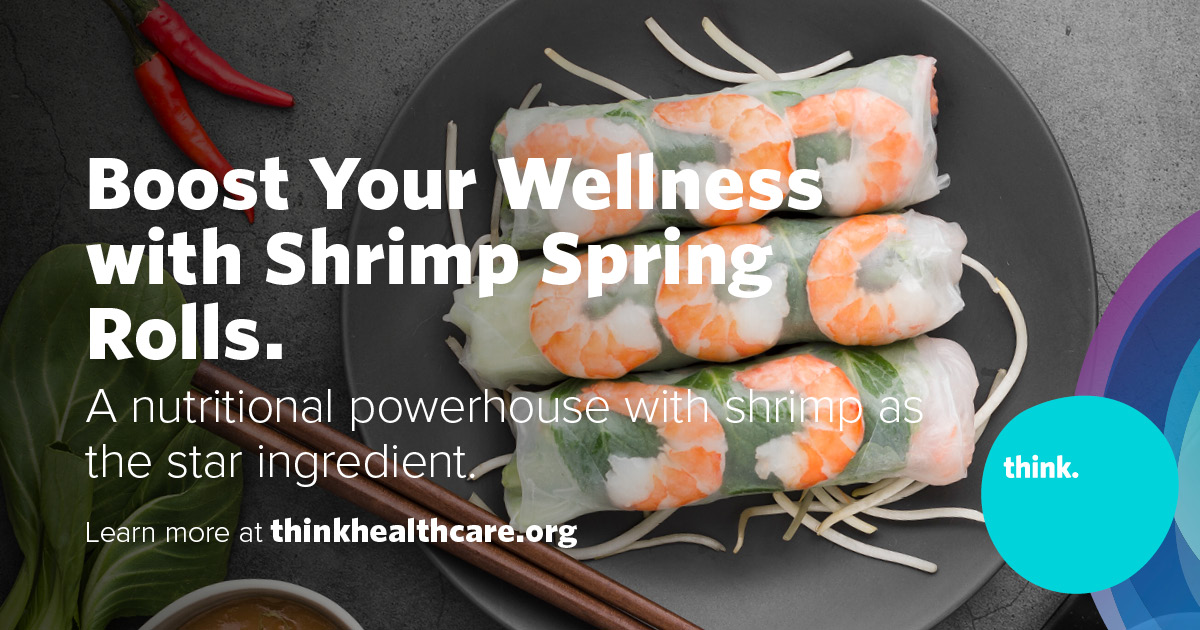 A plate of shrimp spring rolls sits on bean sprouts, with lime and red chilies on the side. Text promotes shrimp spring rolls for wellness. The thinkhealthcare.org logo appears in the corner.