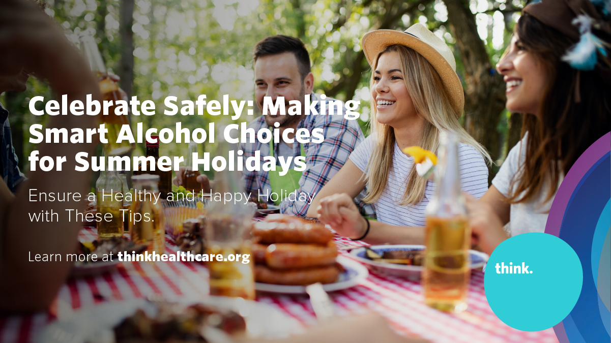 Four friends sit at a picnic table outdoors, smiling and eating, with drinks in hand. Text overlays offer tips for making safe alcohol choices during summer holidays.