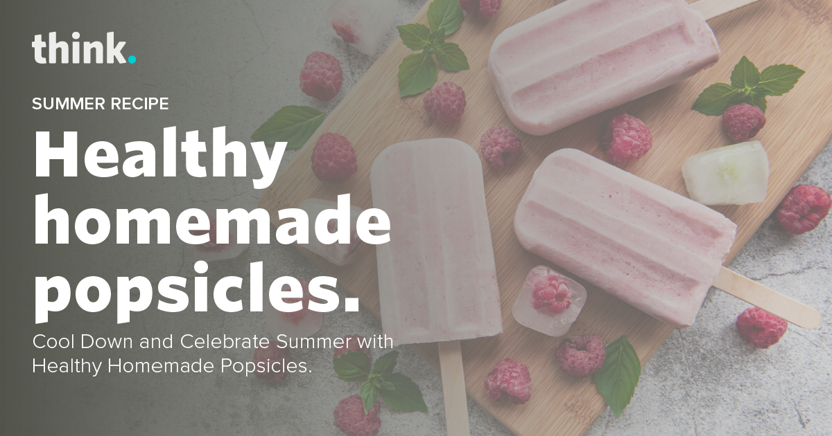 Three pink popsicles on a light surface are surrounded by fresh raspberries and mint leaves. Text reads: “Healthy homemade popsicles. Cool Down and Celebrate Summer with Healthy Homemade Popsicles.”.