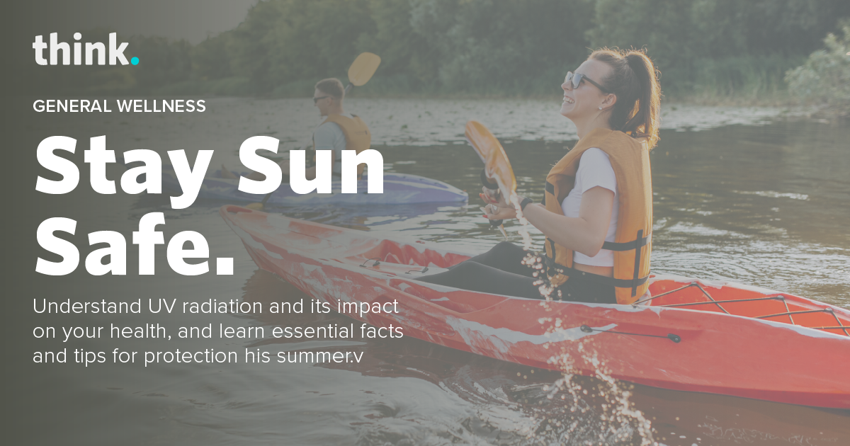 Two people kayaking on a sunny day, with a woman in the foreground smiling and paddling in a red kayak, accompanied by promotional text about sun safety.