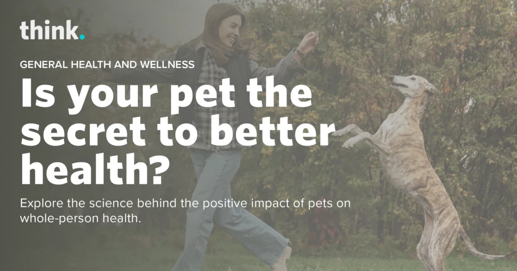 A woman plays with a brindle greyhound outdoors, with text asking, 'Is your pet the secret to better health?