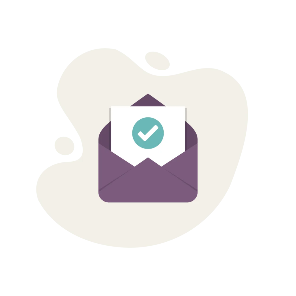 An illustration of a purple envelope with a white card inside. The card displays a teal circle with a white checkmark in the center, set against a light abstract background.