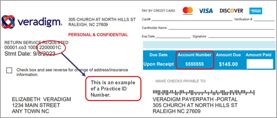 A billing statement showing a due date, account number, and amount due, with a red circle highlighting a Practice ID Number and a note stating, “This is an example of a Practice ID Number.”.