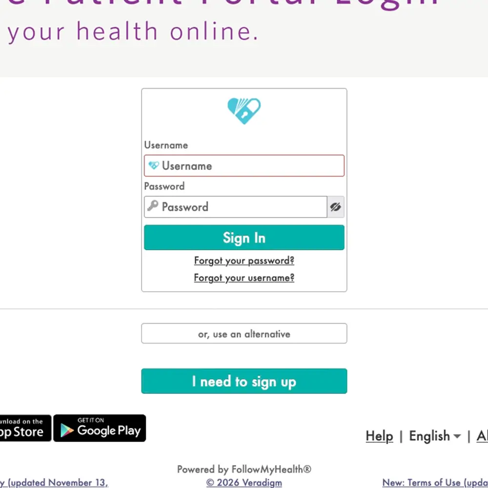 A patient portal login page with fields for username and password, a Sign In button, options for password or username recovery, a I need to sign up button, and app store download links at the bottom.