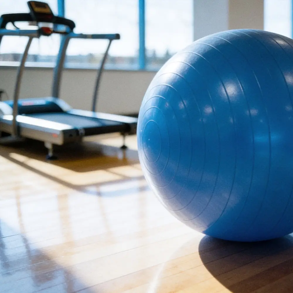 A blue exercise ball on a wooden floor in a gym with a treadmill in the background.