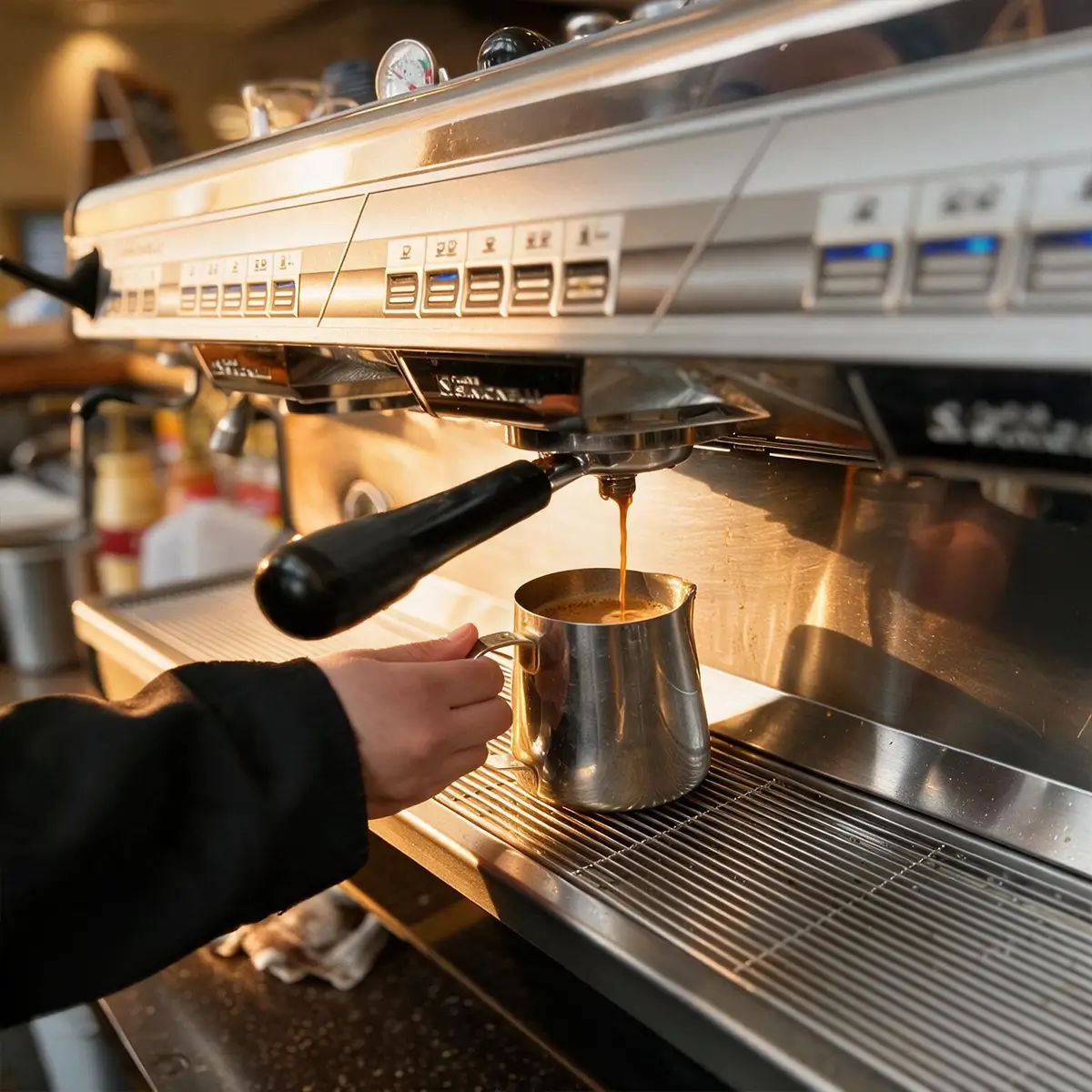 A person holds a metal pitcher under a commercial espresso machine, collecting fresh espresso as it pours out.