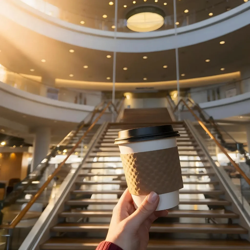 A hand holds a coffee cup in front of a modern buildings wide staircase, with sunlight streaming in from above, highlighting sleek architecture and glass railings.