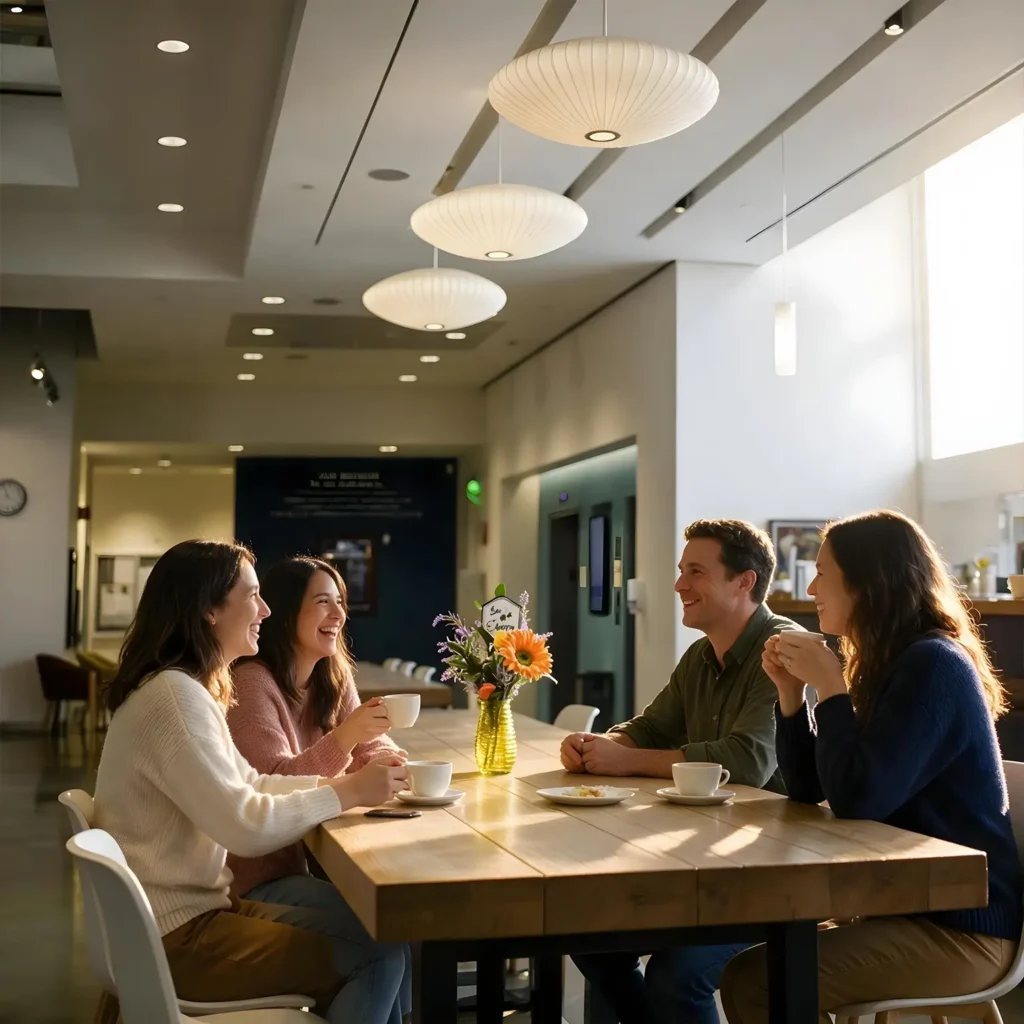 Four people sit around a wooden table in a bright café, smiling and talking over coffee. A vase with flowers is on the table, and sunlight streams in from large windows.
