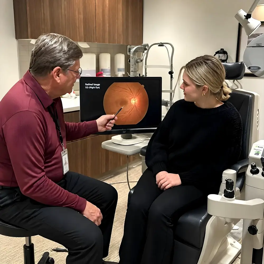An eye doctor points at a retina image on a screen while explaining to a seated female patient in an examination room equipped with ophthalmology instruments.