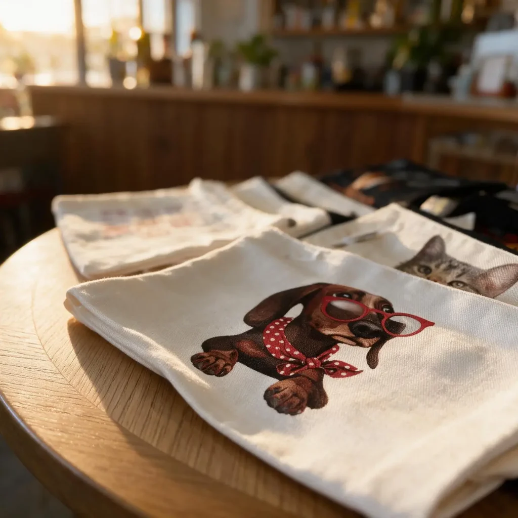 Canvas tote bags on a round wooden table, with the closest bag featuring a cartoon dachshund wearing red glasses and a polka-dot scarf. Other bags, including one with a cat, are partially visible in the background.