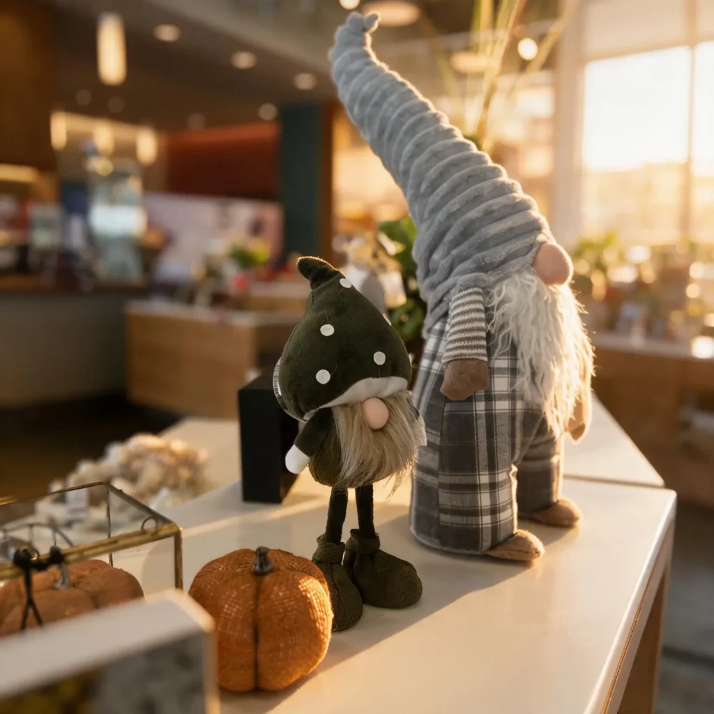 Two plush gnome dolls with long hats and beards stand on a counter next to two fabric pumpkins in a warmly lit, cozy indoor setting.