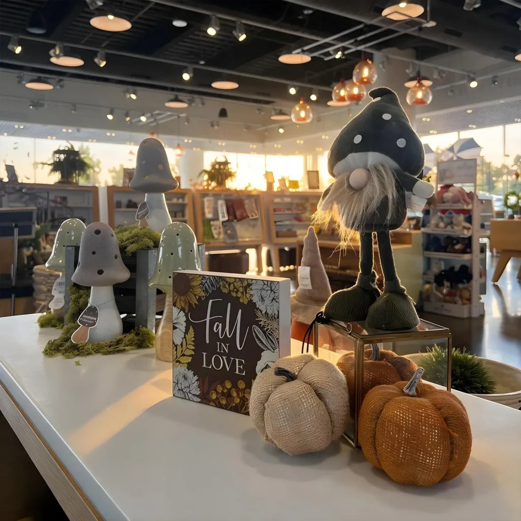 A display with fabric pumpkins, decorative mushrooms, a gnome figurine, and a Fall In Love sign on a counter inside a well-lit store decorated for autumn.