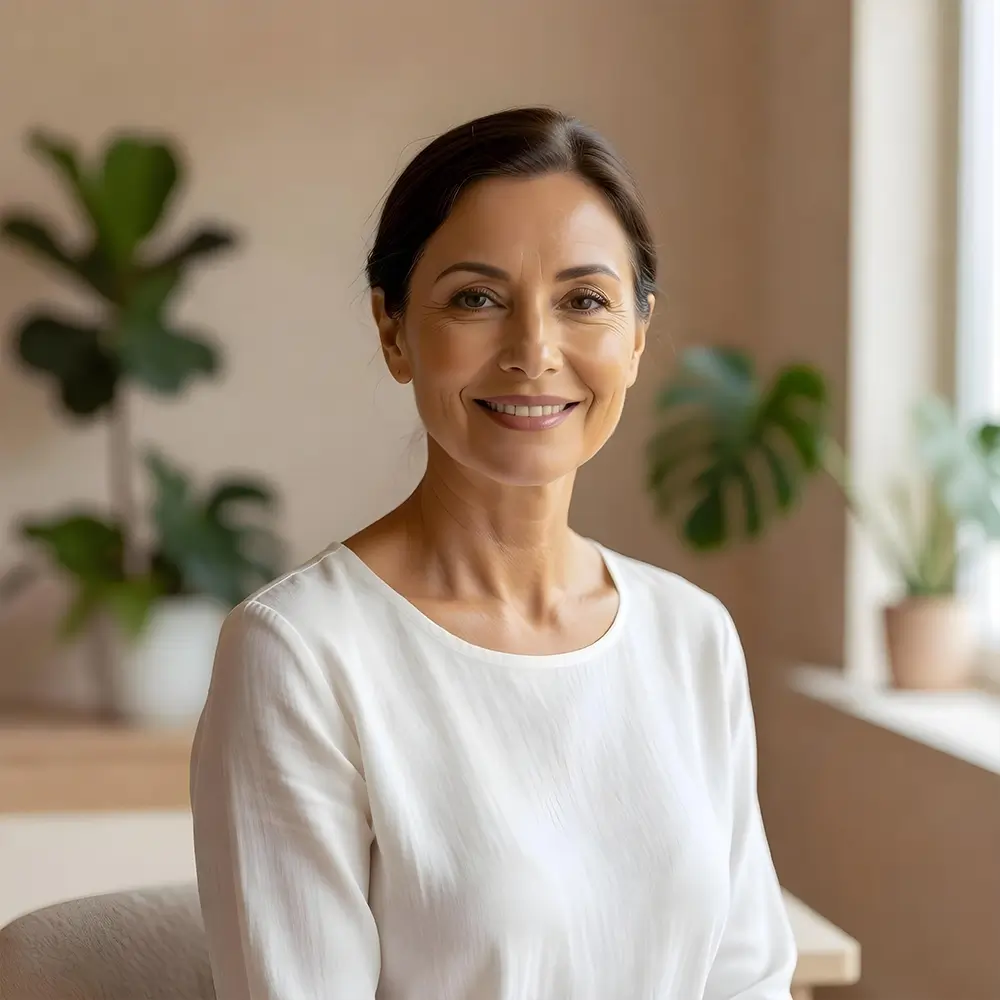A woman with dark hair tied back, wearing a white blouse, smiles while sitting indoors. There are green potted plants and a window in the softly lit, neutral-toned background.