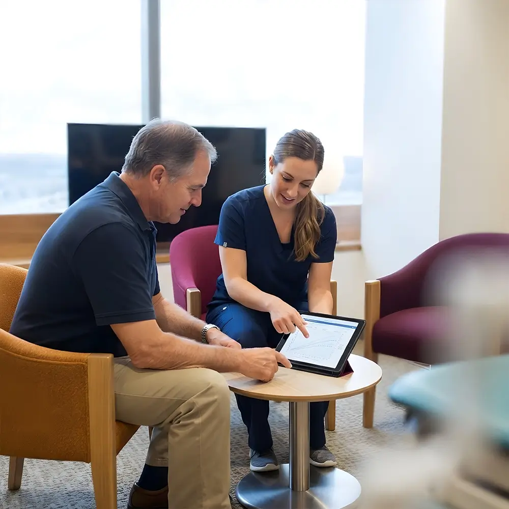A nurse in navy scrubs sits with a man in casual clothes, both looking at a tablet and discussing information in a bright, modern office with large windows.