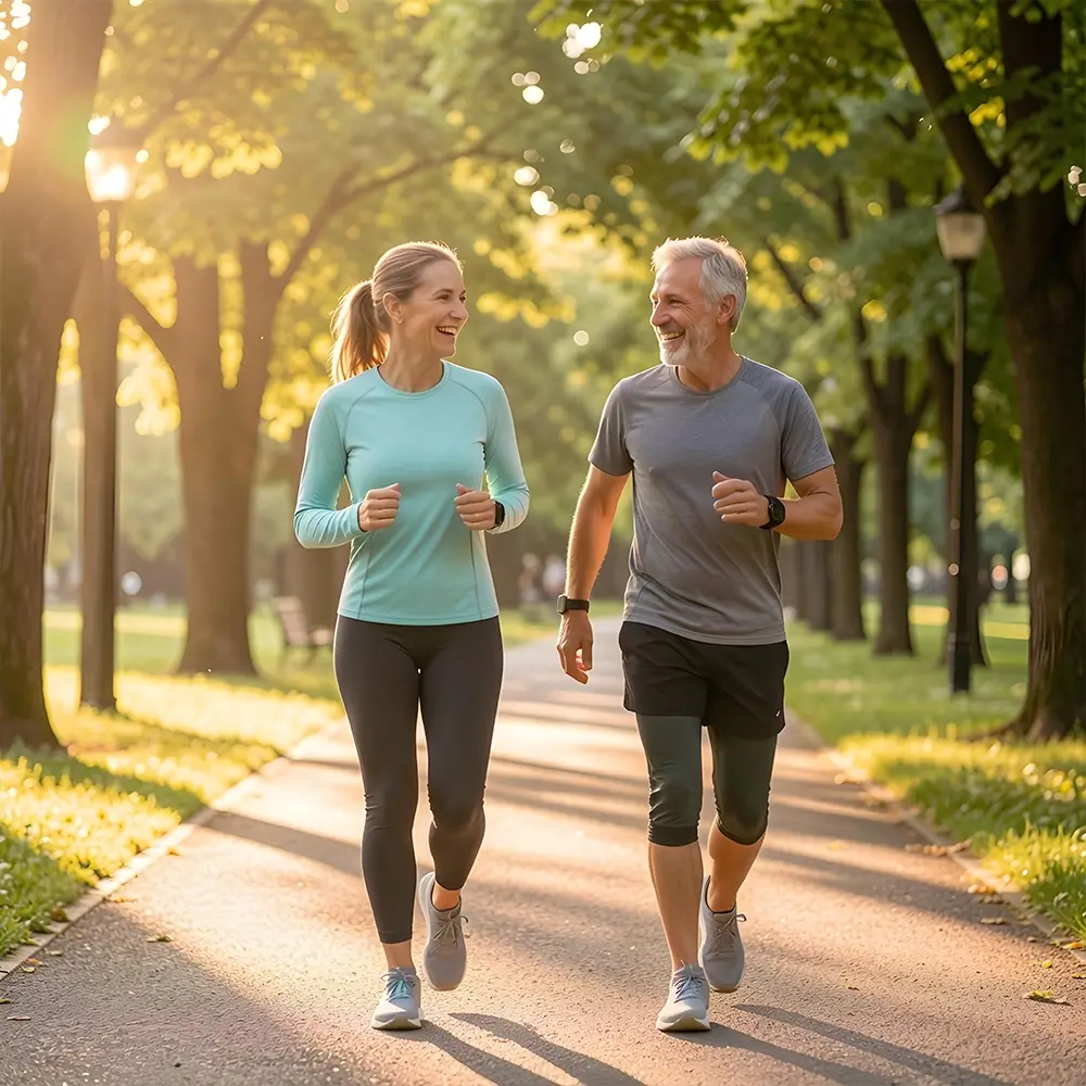 A smiling man and woman jog together on a sunlit park path lined with trees, wearing athletic clothing and enjoying a pleasant, active morning.