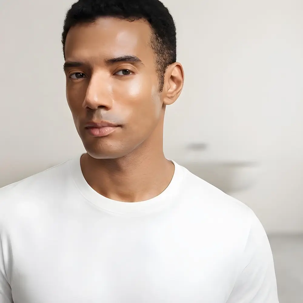 A man with short curly black hair and medium skin tone wears a plain white shirt, looking at the camera with a neutral expression against a softly blurred light background.