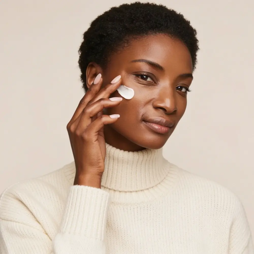A woman in a cream turtleneck sweater applies moisturizer to her cheek, holding her hand to her face and looking at the camera against a neutral background.