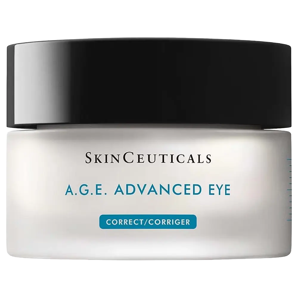 A jar of SkinCeuticals A.G.E. Advanced Eye cream with a black lid and white container featuring the product name and a blue Correct/Corriger label on the front.