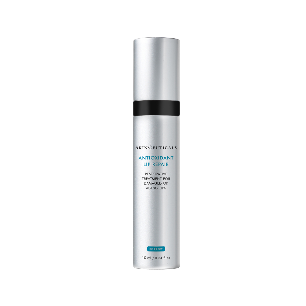 A silver cylindrical bottle of SkinCeuticals Antioxidant Lip Repair, a restorative treatment for damaged or aging lips, with a black band and blue text on the label.