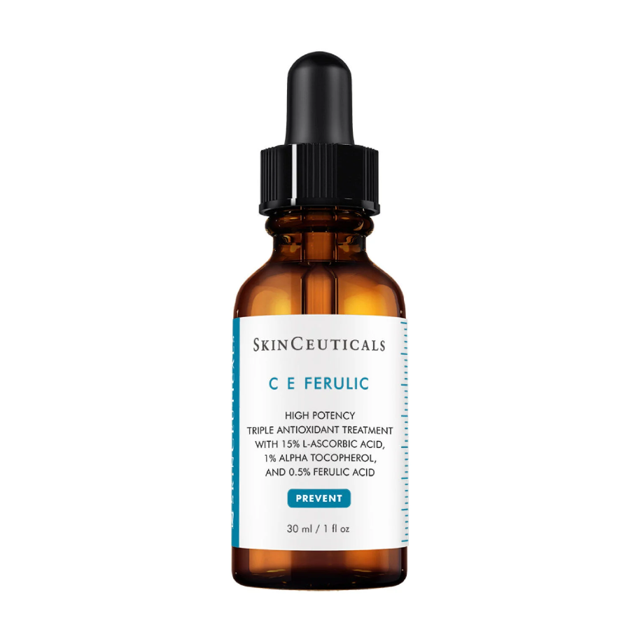 A brown glass dropper bottle labeled SkinCeuticals C E Ferulic with text describing it as a high-potency antioxidant treatment. The bottle has a black dropper cap and contains 30 ml (1 fl oz).