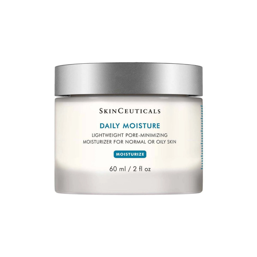 A jar of SkinCeuticals Daily Moisture, a lightweight pore-minimizing moisturizer for normal or oily skin, 60 ml (2 fl oz), with a silver lid and white label.