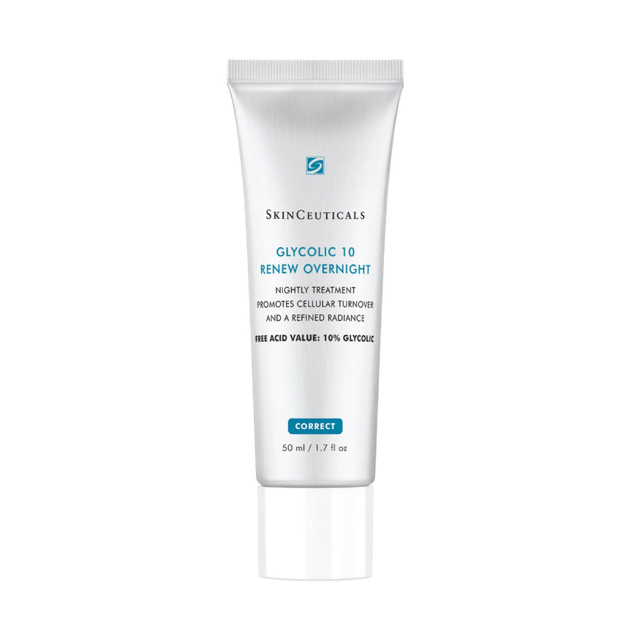 A 50 ml tube of SkinCeuticals Glycolic 10 Renew Overnight cream with a white cap, featuring blue and black text describing it as a nightly treatment that promotes cellular turnover and radiant skin.