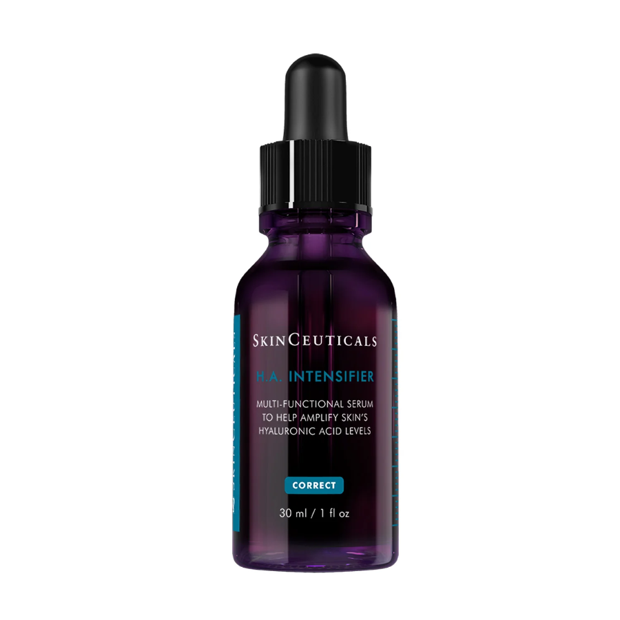 A dark purple glass dropper bottle of SkinCeuticals H.A. Intensifier serum, labeled as a multi-functional serum to help amplify skin’s hyaluronic acid levels, 30 ml (1 fl oz) size.