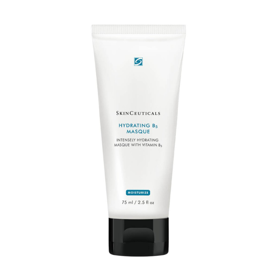 A white tube of SkinCeuticals Hydrating B5 Masque with a black cap, featuring blue and black text. The tube contains 75 ml (2.5 fl oz) of intensive hydrating masque with vitamin B5.