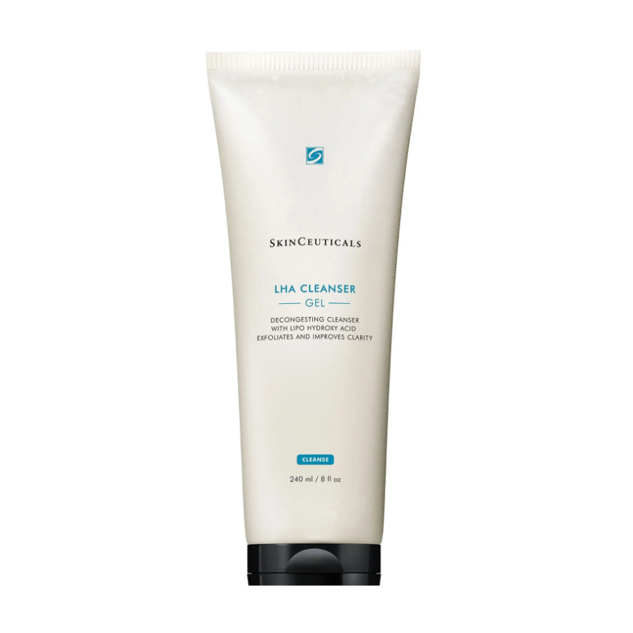 A white tube of SkinCeuticals LHA Cleanser Gel with a light blue logo and black cap. The label states it is a decongesting cleanser with lipo hydroxy acid that exfoliates and improves clarity. The tube contains 240 ml (8 fl oz).