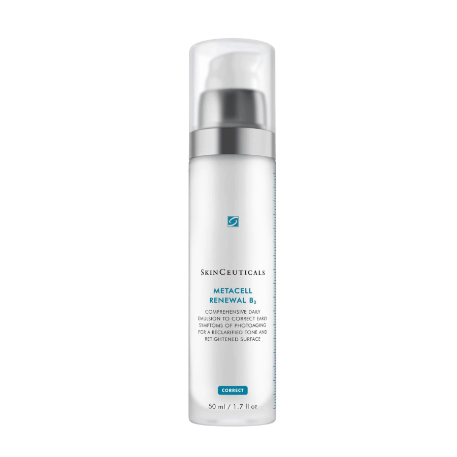 A white bottle of SkinCeuticals Metacell Renewal B3 with a pump dispenser and blue label, containing 50 ml (1.7 fl oz) of comprehensive daily emulsion for skin renewal.