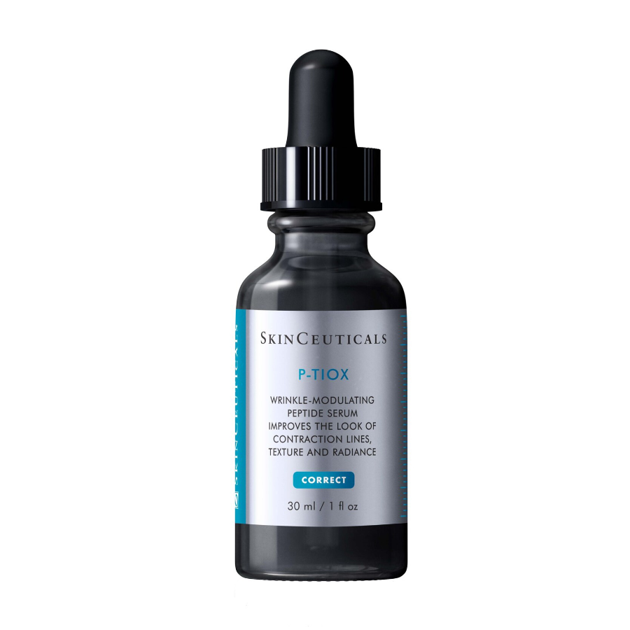 A dark glass dropper bottle labeled SkinCeuticals P-Tiox Wrinkle-Modulating Peptide Serum with blue and white text. The bottle contains 30 ml (1 fl oz) of product.
