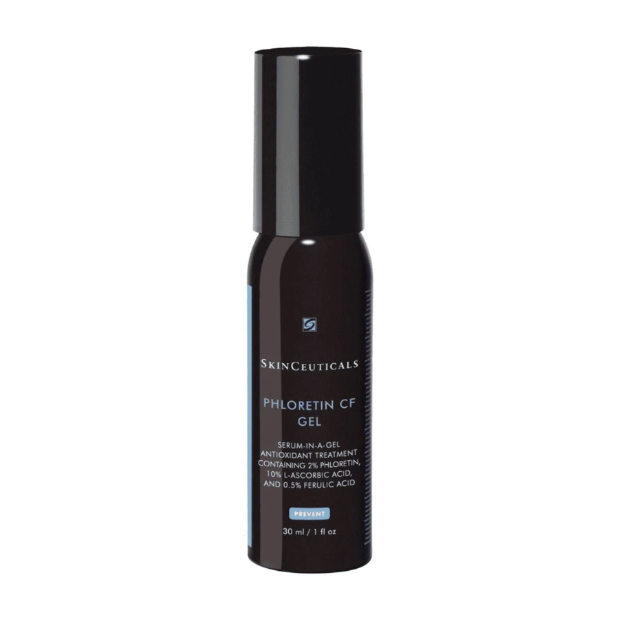 A dark bottle of SkinCeuticals Phloretin CF Gel, featuring a black cap and white text detailing it as an antioxidant treatment with phloretin, vitamin C, and ferulic acid; the bottle contains 30 ml (1 fl oz).