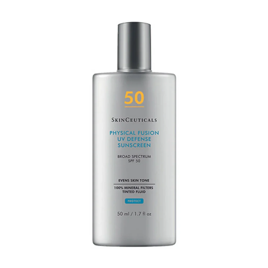 A silver bottle of SkinCeuticals Physical Fusion UV Defense Sunscreen, SPF 50, with blue and yellow text, containing 50 ml (1.7 fl oz) and described as a tinted fluid with 100% mineral filters.