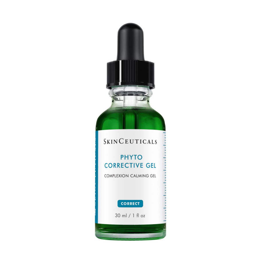 A green glass dropper bottle labeled SkinCeuticals Phyto Corrective Gel Complexion Calming Gel, containing 30 ml (1 fl oz) of product, with a black dropper cap.