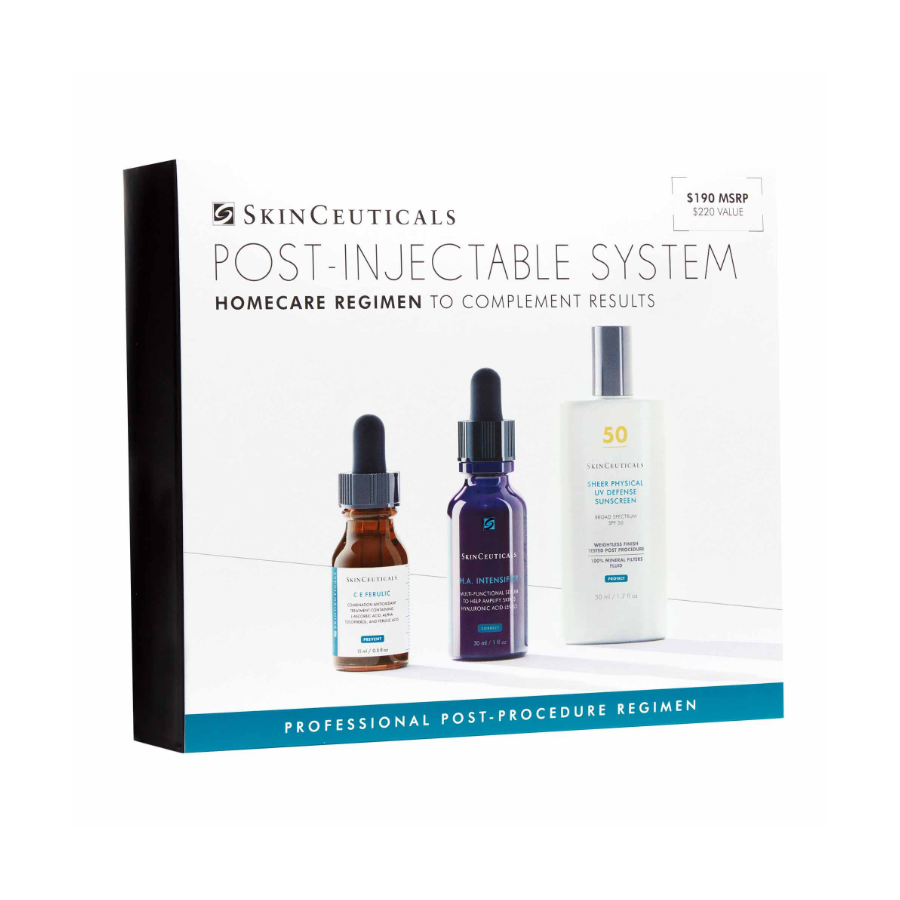 A SkinCeuticals Post-Injectable System box containing three skincare products: two dropper bottles and one pump bottle. The packaging highlights it as a professional post-procedure regimen for homecare.