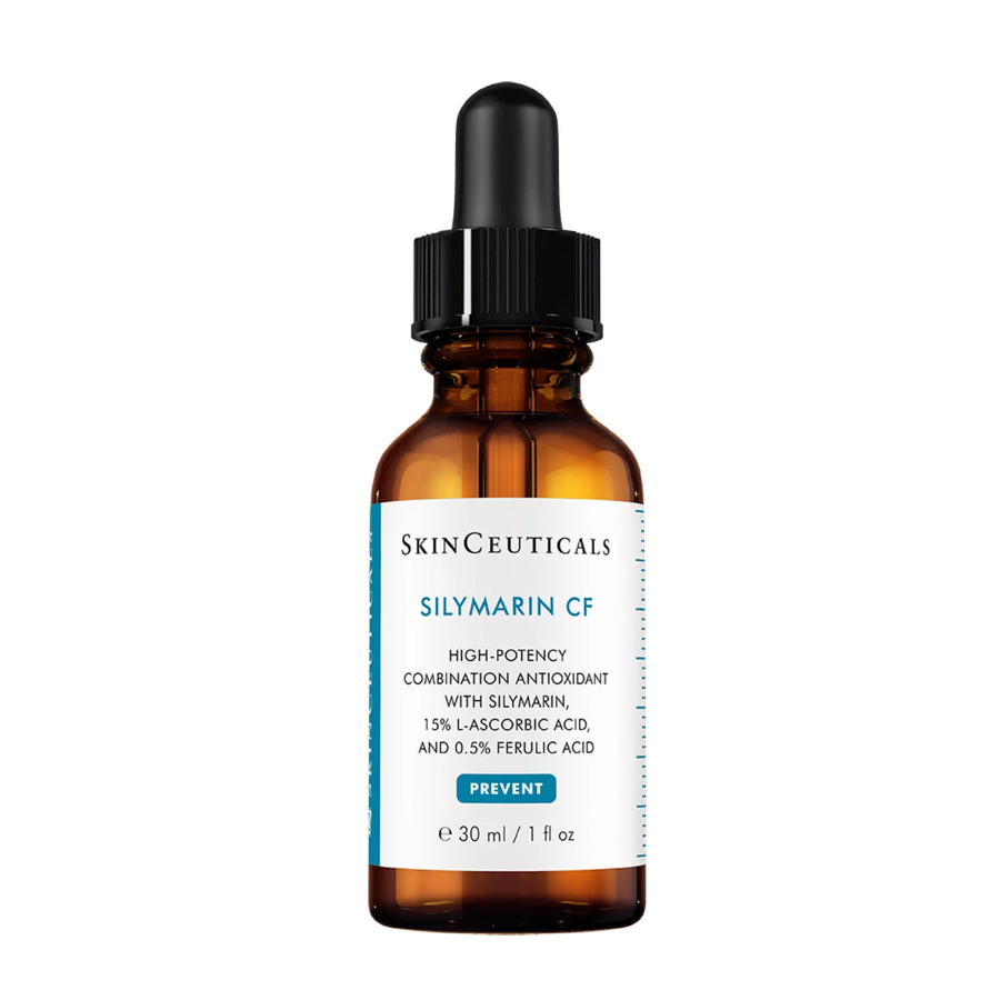 A brown glass dropper bottle of SkinCeuticals Silymarin CF serum with a white and blue label, featuring product details and the words Prevent and 30 ml / 1 fl oz.