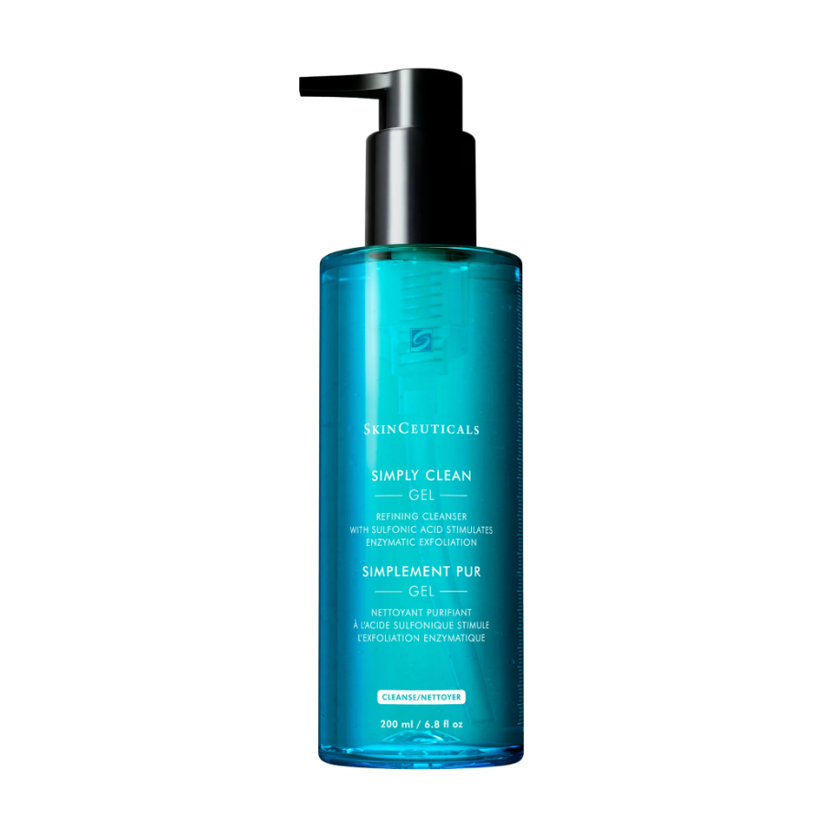 A blue bottle of SkinCeuticals Simply Clean Gel with a black pump dispenser, featuring white and light blue text detailing it as a refining cleanser for gentle enzymatic exfoliation.