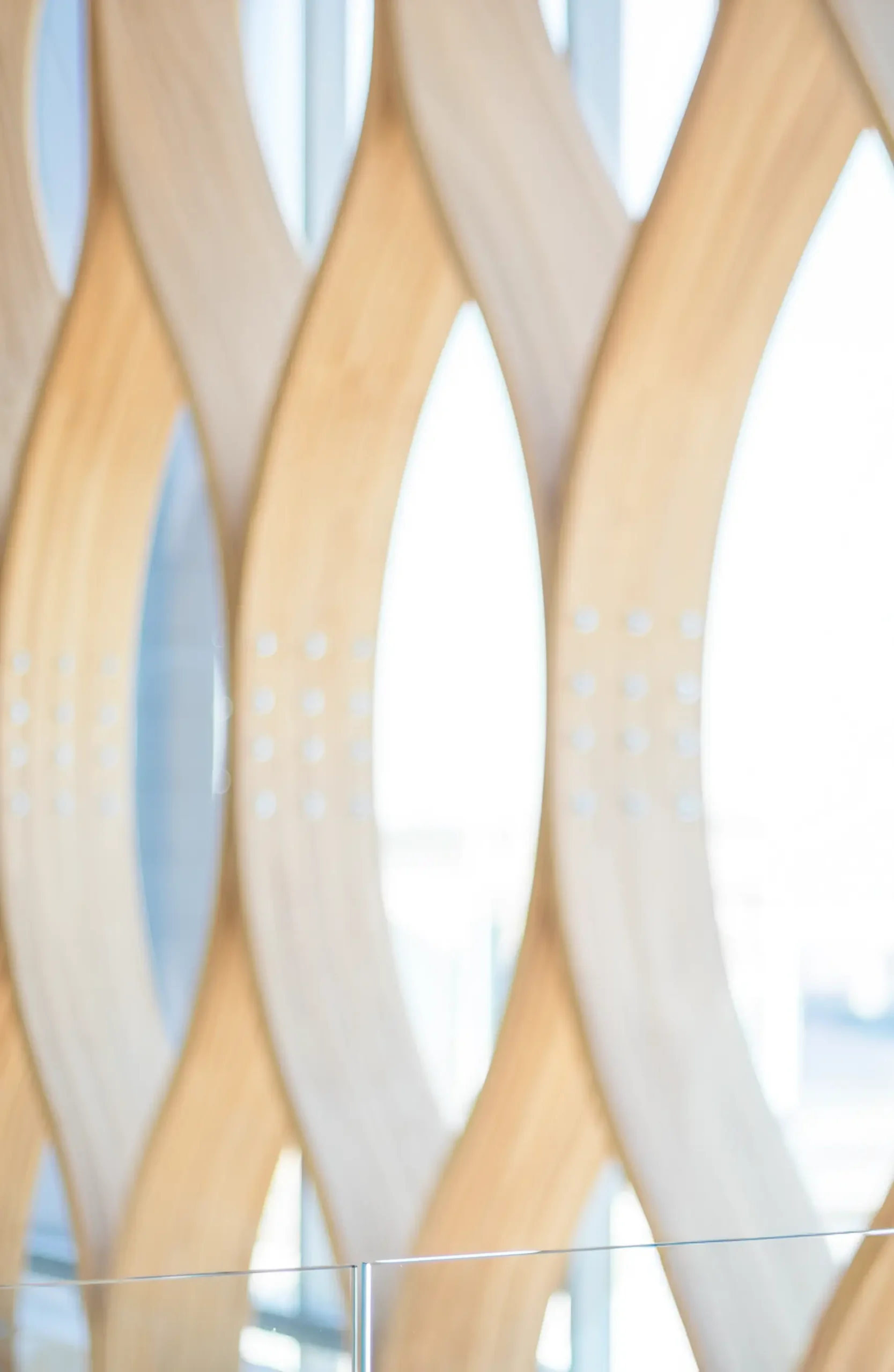 Curved wooden panels with a wave-like pattern stand in front of bright windows, creating an abstract and modern architectural design.