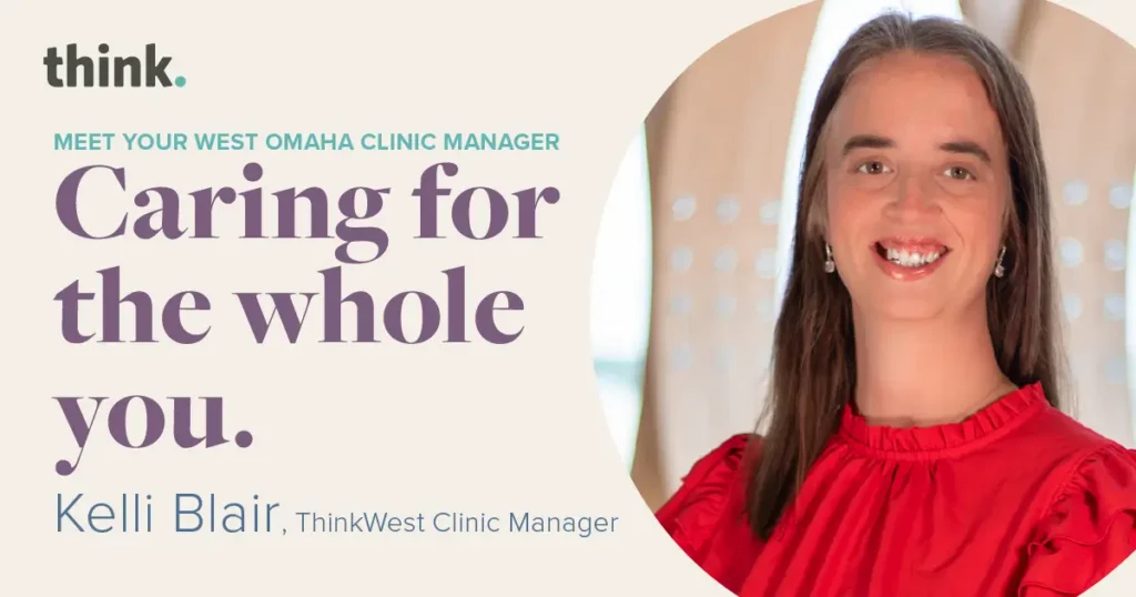 A smiling woman in a red blouse stands beside text introducing Kelli Blair as the ThinkWest Clinic Manager, with the message Caring for the whole you..