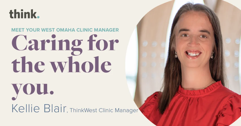 A smiling woman with long brown hair in a red blouse, beside text introducing Kellie Blair as the ThinkWest Clinic Manager with the phrase, Caring for the whole you..